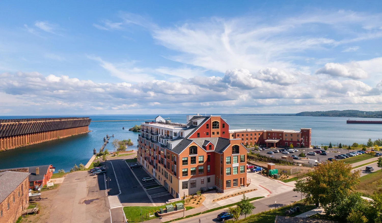 Aerial panorama over downtown Marquette